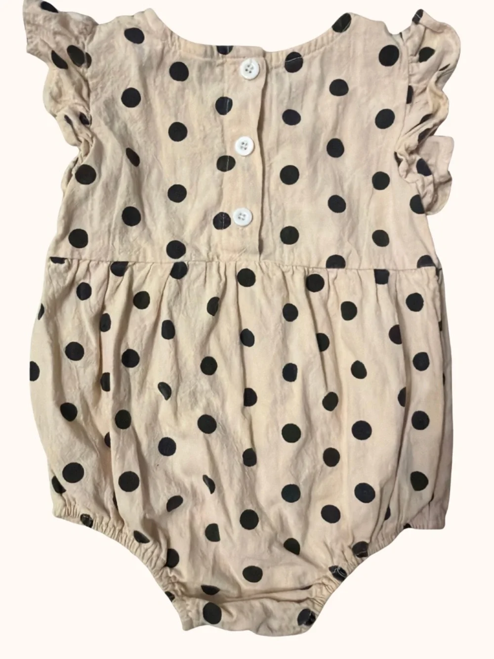 Polka Dot Beige Bubble Romper with Ruffle Sleeves